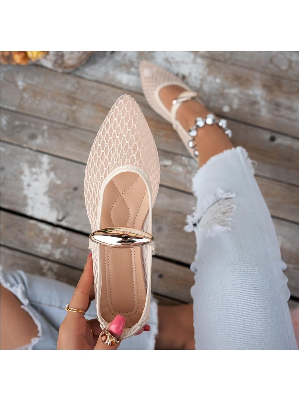 Women's Beige Pointed-Toe Mary Jane Flats with Gold Accent